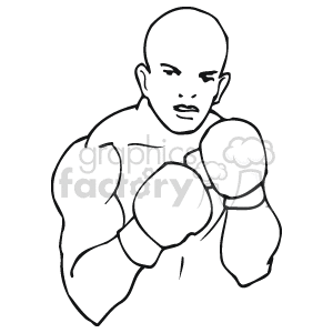 The clipart image depicts a boxer in a defensive stance with both gloves raised to protect the face. The boxer appears focused and ready for a bout. The image is a simple black and white drawing, emphasizing the sport of boxing through the athlete's pose and attire (boxing gloves).
