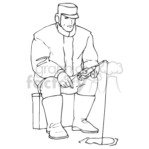 This is a black and white line art clipart image of a fisherman sitting and holding a fishing rod, angling for fish, likely participating in the sport of fishing.