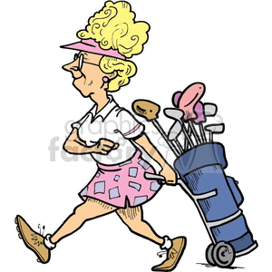 Cartoon women golfer pulling her golf clubs clipart.