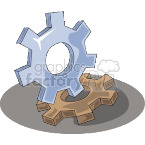 The clipart image depicts two interlocking gears, one larger and colored blue, and the other smaller with a brown or wooden texture. They appear to be positioned on a surface with a slight shadow cast under them, indicating they are resting on a flat plane.