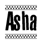 The image is a black and white clipart of the text Asha in a bold, italicized font. The text is bordered by a dotted line on the top and bottom, and there are checkered flags positioned at both ends of the text, usually associated with racing or finishing lines.
