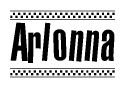 The image is a black and white clipart of the text Arlonna in a bold, italicized font. The text is bordered by a dotted line on the top and bottom, and there are checkered flags positioned at both ends of the text, usually associated with racing or finishing lines.