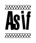 The image is a black and white clipart of the text Asif in a bold, italicized font. The text is bordered by a dotted line on the top and bottom, and there are checkered flags positioned at both ends of the text, usually associated with racing or finishing lines.