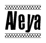 The image is a black and white clipart of the text Aleya in a bold, italicized font. The text is bordered by a dotted line on the top and bottom, and there are checkered flags positioned at both ends of the text, usually associated with racing or finishing lines.