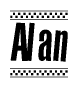 The image is a black and white clipart of the text Alan in a bold, italicized font. The text is bordered by a dotted line on the top and bottom, and there are checkered flags positioned at both ends of the text, usually associated with racing or finishing lines.