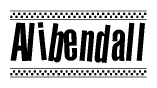 The image is a black and white clipart of the text Alibendall in a bold, italicized font. The text is bordered by a dotted line on the top and bottom, and there are checkered flags positioned at both ends of the text, usually associated with racing or finishing lines.