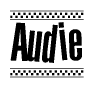 The image contains the text Audie in a bold, stylized font, with a checkered flag pattern bordering the top and bottom of the text.