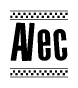 The image contains the text Alec in a bold, stylized font, with a checkered flag pattern bordering the top and bottom of the text.