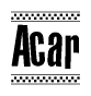 The clipart image displays the text Acar in a bold, stylized font. It is enclosed in a rectangular border with a checkerboard pattern running below and above the text, similar to a finish line in racing. 