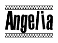 The clipart image displays the text Angelia in a bold, stylized font. It is enclosed in a rectangular border with a checkerboard pattern running below and above the text, similar to a finish line in racing. 