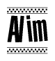 The image is a black and white clipart of the text Alim in a bold, italicized font. The text is bordered by a dotted line on the top and bottom, and there are checkered flags positioned at both ends of the text, usually associated with racing or finishing lines.