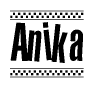The image is a black and white clipart of the text Anika in a bold, italicized font. The text is bordered by a dotted line on the top and bottom, and there are checkered flags positioned at both ends of the text, usually associated with racing or finishing lines.