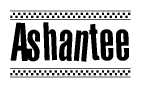 The image contains the text Ashantee in a bold, stylized font, with a checkered flag pattern bordering the top and bottom of the text.