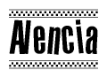 The clipart image displays the text Alencia in a bold, stylized font. It is enclosed in a rectangular border with a checkerboard pattern running below and above the text, similar to a finish line in racing. 