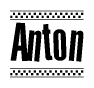 The image contains the text Anton in a bold, stylized font, with a checkered flag pattern bordering the top and bottom of the text.