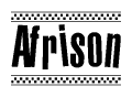 The image is a black and white clipart of the text Afrison in a bold, italicized font. The text is bordered by a dotted line on the top and bottom, and there are checkered flags positioned at both ends of the text, usually associated with racing or finishing lines.