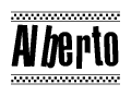The clipart image displays the text Alberto in a bold, stylized font. It is enclosed in a rectangular border with a checkerboard pattern running below and above the text, similar to a finish line in racing. 