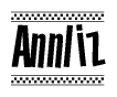 The clipart image displays the text Annliz in a bold, stylized font. It is enclosed in a rectangular border with a checkerboard pattern running below and above the text, similar to a finish line in racing. 