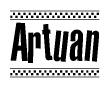 The clipart image displays the text Artuan in a bold, stylized font. It is enclosed in a rectangular border with a checkerboard pattern running below and above the text, similar to a finish line in racing. 