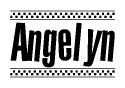 The image contains the text Angelyn in a bold, stylized font, with a checkered flag pattern bordering the top and bottom of the text.