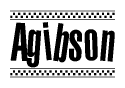The image contains the text Agibson in a bold, stylized font, with a checkered flag pattern bordering the top and bottom of the text.