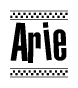 The image is a black and white clipart of the text Arie in a bold, italicized font. The text is bordered by a dotted line on the top and bottom, and there are checkered flags positioned at both ends of the text, usually associated with racing or finishing lines.