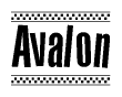 The image contains the text Avalon in a bold, stylized font, with a checkered flag pattern bordering the top and bottom of the text.