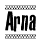 The image contains the text Arna in a bold, stylized font, with a checkered flag pattern bordering the top and bottom of the text.