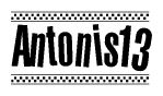 The clipart image displays the text Antonis13 in a bold, stylized font. It is enclosed in a rectangular border with a checkerboard pattern running below and above the text, similar to a finish line in racing. 