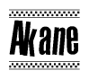 The image is a black and white clipart of the text Akane in a bold, italicized font. The text is bordered by a dotted line on the top and bottom, and there are checkered flags positioned at both ends of the text, usually associated with racing or finishing lines.