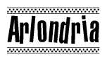 The clipart image displays the text Arlondria in a bold, stylized font. It is enclosed in a rectangular border with a checkerboard pattern running below and above the text, similar to a finish line in racing. 