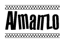 The clipart image displays the text Almanzo in a bold, stylized font. It is enclosed in a rectangular border with a checkerboard pattern running below and above the text, similar to a finish line in racing. 