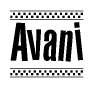 The image contains the text Avani in a bold, stylized font, with a checkered flag pattern bordering the top and bottom of the text.