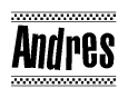 The image is a black and white clipart of the text Andres in a bold, italicized font. The text is bordered by a dotted line on the top and bottom, and there are checkered flags positioned at both ends of the text, usually associated with racing or finishing lines.