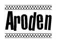The image is a black and white clipart of the text Aroden in a bold, italicized font. The text is bordered by a dotted line on the top and bottom, and there are checkered flags positioned at both ends of the text, usually associated with racing or finishing lines.