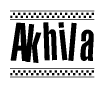 The image contains the text Akhila in a bold, stylized font, with a checkered flag pattern bordering the top and bottom of the text.