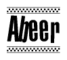 The image contains the text Abeer in a bold, stylized font, with a checkered flag pattern bordering the top and bottom of the text.