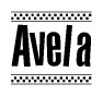 The image is a black and white clipart of the text Avela in a bold, italicized font. The text is bordered by a dotted line on the top and bottom, and there are checkered flags positioned at both ends of the text, usually associated with racing or finishing lines.