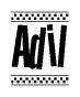 The image contains the text Adil in a bold, stylized font, with a checkered flag pattern bordering the top and bottom of the text.