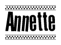 The image is a black and white clipart of the text Annette in a bold, italicized font. The text is bordered by a dotted line on the top and bottom, and there are checkered flags positioned at both ends of the text, usually associated with racing or finishing lines.