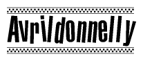 The clipart image displays the text Avrildonnelly in a bold, stylized font. It is enclosed in a rectangular border with a checkerboard pattern running below and above the text, similar to a finish line in racing. 