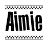 The image contains the text Aimie in a bold, stylized font, with a checkered flag pattern bordering the top and bottom of the text.
