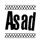 The image contains the text Asad in a bold, stylized font, with a checkered flag pattern bordering the top and bottom of the text.