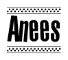 The image contains the text Anees in a bold, stylized font, with a checkered flag pattern bordering the top and bottom of the text.