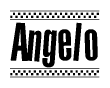 The image contains the text Angelo in a bold, stylized font, with a checkered flag pattern bordering the top and bottom of the text.