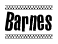 The image contains the text Barnes in a bold, stylized font, with a checkered flag pattern bordering the top and bottom of the text.