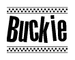 The image contains the text Buckie in a bold, stylized font, with a checkered flag pattern bordering the top and bottom of the text.