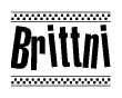 The image is a black and white clipart of the text Brittni in a bold, italicized font. The text is bordered by a dotted line on the top and bottom, and there are checkered flags positioned at both ends of the text, usually associated with racing or finishing lines.