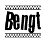 The image is a black and white clipart of the text Bengt in a bold, italicized font. The text is bordered by a dotted line on the top and bottom, and there are checkered flags positioned at both ends of the text, usually associated with racing or finishing lines.