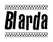 The image contains the text Blarda in a bold, stylized font, with a checkered flag pattern bordering the top and bottom of the text.